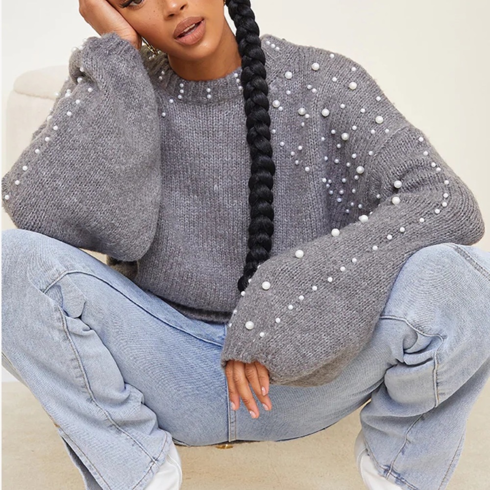 Grey Embellished Sleeve Turtle Neck Sweater